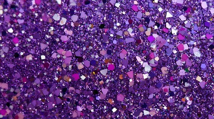Close up macro shot of vibrant sparkling purple glitter particles creating a dazzling abstract textured background with shimmering highlights and bokeh effects