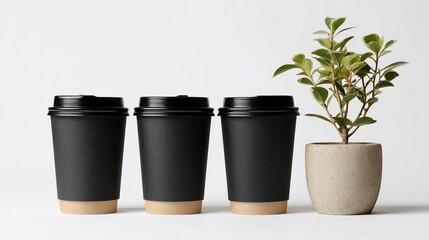 Three black cups next to a potted plant against a white background