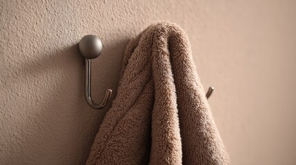 Soft towel hanging on a hook against a textured wall in warm tones