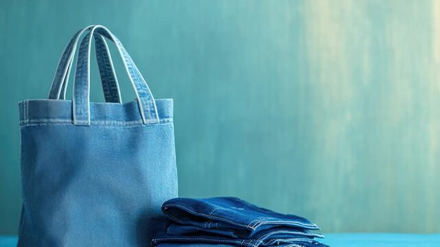 A pair of jeans and a tote bag sit on a table, perfect for storing everyday essentials