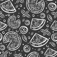Naklejka premium Hand-drawn pizza seamless pattern in black and white. Great for restaurant logos, culinary projects, wrapping paper, food festival posters, and cooking blogs.