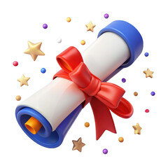 3d graduation diploma with confetti and stars isolated on transparent background