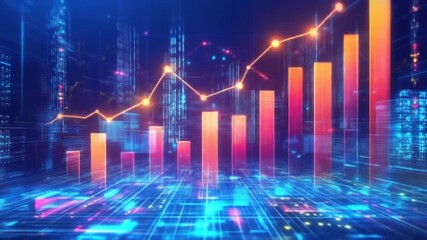 A futuristic, digital rendering of a data analysis chart, set against a neon blue background - Powered by Adobe