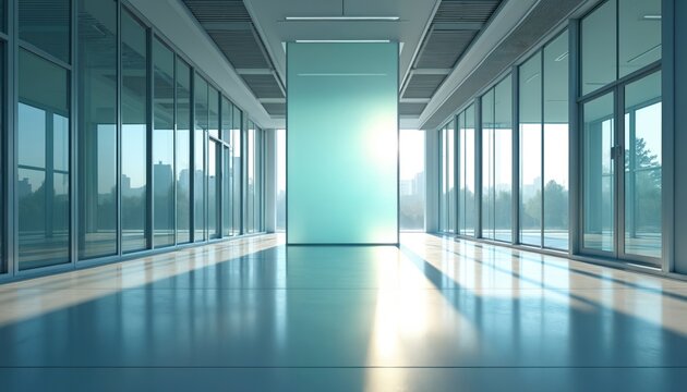 Modern office hallway with glass walls and frosted partition. Sunlight streams into the clean, bright workspace. Architectural lines and geometric shapes define the empty corporate interior.
