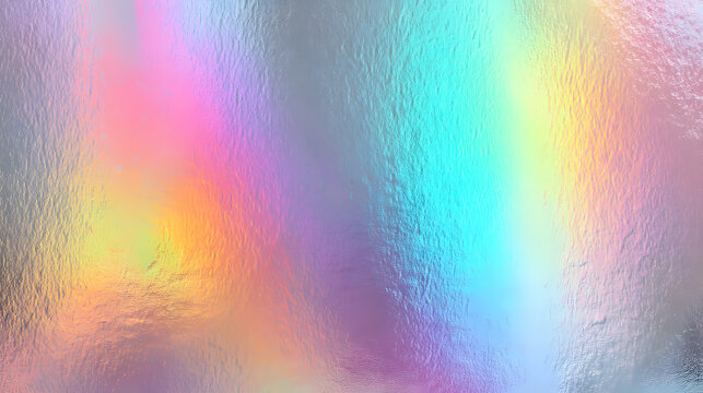 Iridescent holographic rainbow foil background with pastel pearlescent gradient and speckled metal texture vector