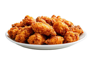 Crispy Golden Fried Chicken Wings on a White Plate, Isolated on Black. Delicious Restaurant Appetizer or Snack.