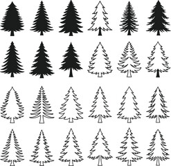 Obraz premium Pine tree silhouette and outline collection, evergreen conifer forest vector set, Christmas tree illustration, black and white design for holiday projects
