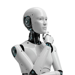 Naklejka premium White humanoid robot thinking pose isolated on a transparent background