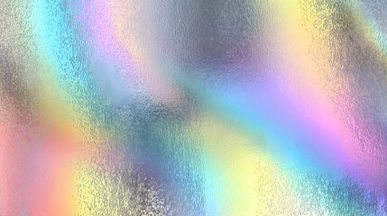 Iridescent holographic rainbow foil background with pastel pearlescent gradient and speckled metal texture vector