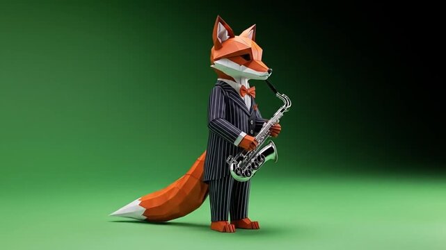 Anthropomorphic fox in pinstripe suit playing saxophone on green backdrop.