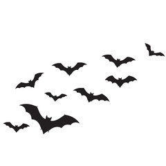 Flock of silhouetted bats flying in formation against white background