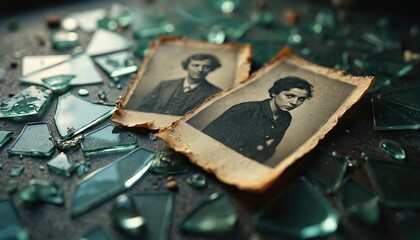 Two old photos on cracked glass background. Vintage portraits damaged with glass shards. Memories lost after destruction. Loss, broken family, decay, chaos, forgotten, past events concept. Time gone.