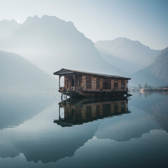 Fototapeta premium A tranquil view of a traditional wooden house on a calm lake in Kashmir, with lush mountains providing a dramatic backdrop
