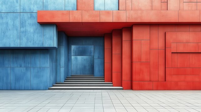 Modern Architecture with Blue and Red Geometric Wall Design
