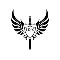 Winged Sword and Shield Logo with IRX Letters, IRX Later Logo, Heraldic Emblem, Black and White Vector Design
