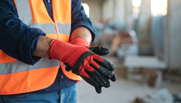 Construction worker putting on safety gloves