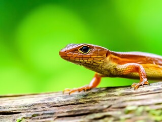 Fototapeta premium Close-up Image of Colorful Lizard on Wooden Log Against Green Natural Background