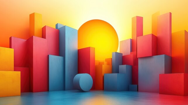 Colorful geometric shapes with vibrant sunset backdrop
