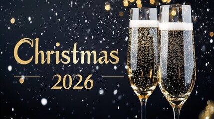 A contemporary, minimalist "Christmas 2026" banner featuring a black and gold luxury motif, champagne glasses clinking, strong metallic text, Generative AI.