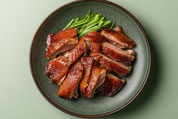A plate with crispy skin from Peking ducks on a pale green backdrop, Generative AI.