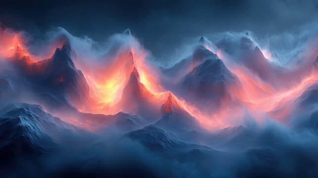 Fiery Mountain Landscape Under Dark Skies at Dusk with Glowing Peaks
