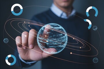 Man interacting with a digital globe hologram futuristic technology concept for business and global communication isolated on dark background