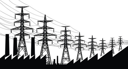 Industrial silhouette vector, power plant illustration, electricity transmission tower, energy infrastructure design, factory skyline icon, editable black landscape art