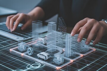 Hands typing on a laptop keyboard interacting with a holographic city model representing future urban planning and technology