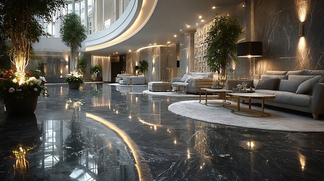 Modern hotel entrance lounge with stylish granite flooring high resolution picture