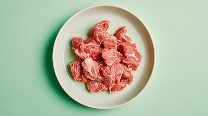 Sliced raw tripe on a platter against a pale green backdrop, Generative AI.