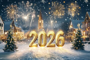 Overlooking a snowy European town square decked out with Christmas lights, fireworks, and festive trees, the opulent golden "2026" glows in the night sky, Generative AI.