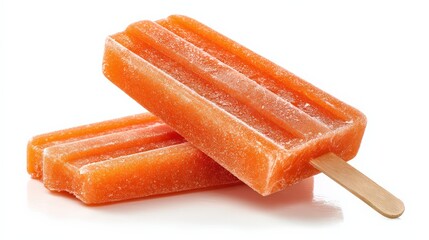 Colorful frozen fruit pops on white background with wood sticks for refreshing summer treats
