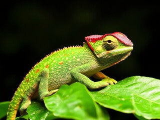Obraz premium Vibrant Chameleon Sitting on Leaf with Lush Green Background in Natural Habitat