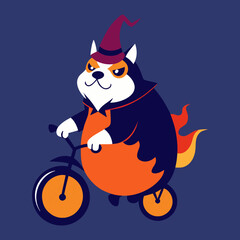 Vector art illustration of a bulldog riding a bike wearing a witch hat and robe