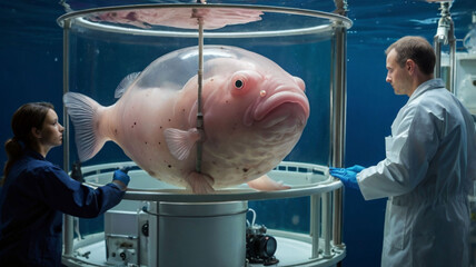 A blobfish during a scientific expedition being gently lifted in a transparent water tank aboard a marine research vessel