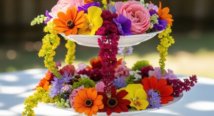 Two-tiered stand overflowing with vibrant mixed flower arrangements