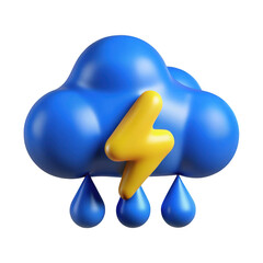 3d blue storm cloud with lightning and raindrops isolated on transparent background