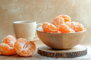 Snowfall and a cup of coffee with peeling mandarins in a wooden bowl against a light beige backdrop, Generative AI.