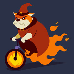 Vector art illustration of a bulldog riding a bike wearing a witch hat and robe