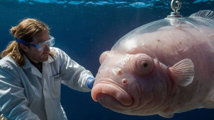A blobfish during a scientific expedition being gently lifted in a transparent water tank aboard a marine research vessel