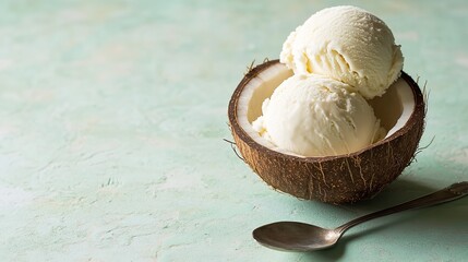Vanilla ice cream slices with a spoon on an olive green background inside a coconut shell, Generative AI.