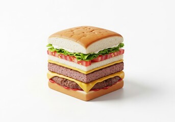 A tall, squareshaped hamburger with multiple layers of beef patties, cheese, lettuce, and tomato, isolated on a white background