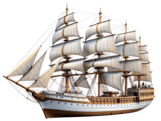 A majestic tall ship with full sails navigating the sea, isolated on transparent background