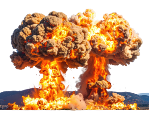 Massive explosion, orange flames, billowing smoke