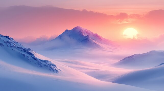 Serene Sunrise Over Snow-Covered Mountains Under Colorful Sky