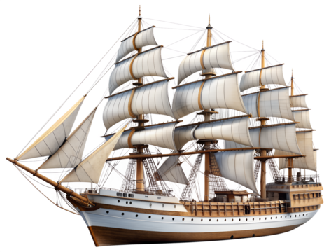 A majestic tall ship with full sails navigating the sea, isolated on transparent background