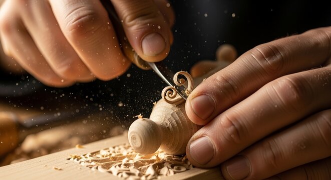 Woodcarver's skillful hands meticulously shaping delicate wood art with precision tools, creating stunning detail and texture, inspiring artistry and craftsmanship