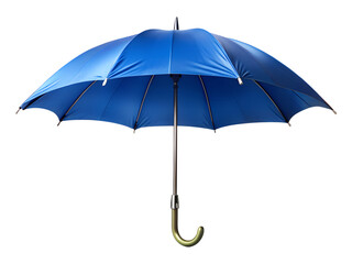 A bright blue open umbrella with a curved handle, isolated on transparent background