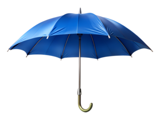 A bright blue open umbrella with a curved handle, isolated on transparent background