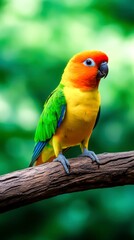 Colorful parrot perched on a branch with vibrant green background in a lush environment